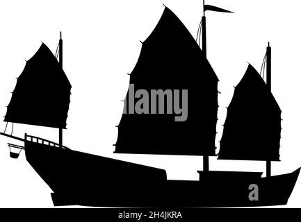 Silhouette oriental ship with sails. Stock Vector