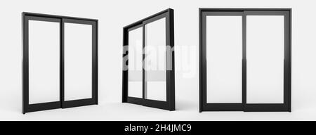 Three black wooden window frames on the white background Stock Photo