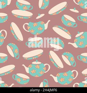 Vector seamless pattern with teapots, saucers and cups. Design for teatime. Stock Vector