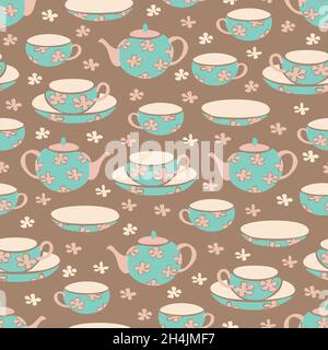 Vector seamless pattern with cups, saucers, teapots and flowers. Hand drawn dishes for teatime. Stock Vector