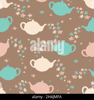 Vector seamless pattern with teapots and flowers. Design with silhouettes of teapots. Stock Vector