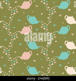 Vector seamless pattern with silhouettes of teapots and flowers. Hand drawn design. Stock Vector