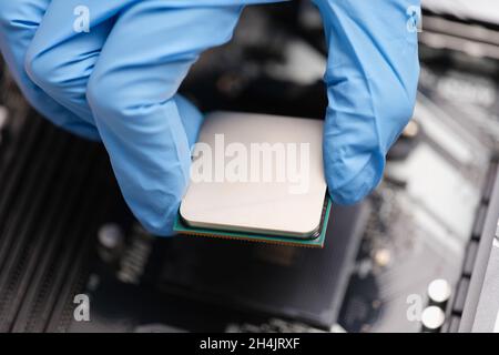 Handyman in rubber gloves installing computer processor closeup Stock Photo