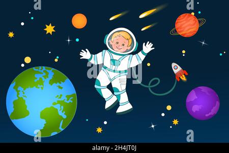 A young astronaut soars in open space against the background of the Earth, planets and stars. Vector illustration , cartoon style Stock Vector