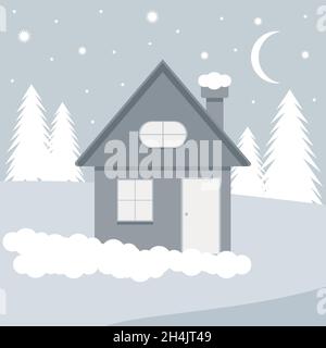 Winter house or cottage in the countryside, near fir trees, in gray tones. Night Christmas winter landscape. Cute cozy vector illustration in flat sty Stock Vector