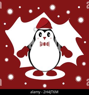 Christmas penguin in a Santa Claus hat, on a red and white background with an iceberg floe and snowflakes. Winter postcard. Christmas or New Year back Stock Vector