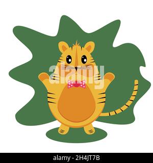 Tiger in the form of an egg, with a bow tie, against the background of an abstract palm leaf. Vector illustration in a flat style. Stock Vector