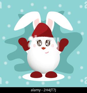 Happy rabbit standing in winter christmas landscape. Merry christmas and happy new year greeting card. Funny bunny in hat Santa Claus, on snowy backgr Stock Vector