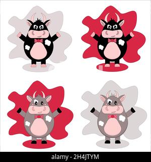 Collection of vector images of a bull. A good and evil bull. Black and brown bull on a red and gray background, in a bow tie. Vector in flat style. Stock Vector