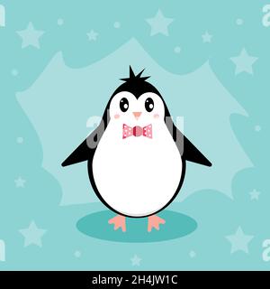 Penguin on a winter blue background with an iceberg ice floe. Winter postcard. Christmas or New Year background. Flat illustration of animals. Stock Vector