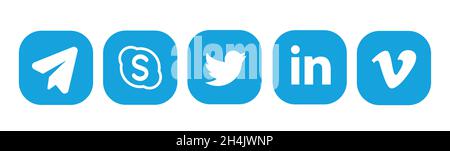 Round social media logotype collection: Facebook, TikTok, instagram, twitter, telegram, linkedin, periscope, vimeo. Stock Vector