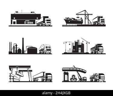 Trucks for different industries in perspective - vector illustration Stock Vector