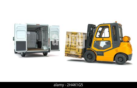 forklift loads a pallet onto an expedition vehicle. 3d render Stock Photo