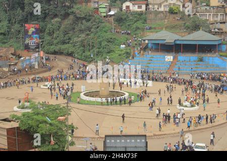 KINSHASA, Nov. 3, 2021 (Xinhua) -- Photo taken on Nov. 3, 2021 shows people gathering in Bukavu, capital of South Kivu province in eastern Democratic Republic of the Congo (DRC). A group of rebels attacked several areas of the city of Bukavu in eastern Democratic Republic of the Congo (DRC), including military positions, early Wednesday, a local official said. Six attackers and two soldiers were killed after the attack, which began around 1:40 a.m. local time, South Kivu governor Theo Kasi said after a meeting of the provincial security council, adding that the attackers were kill Stock Photo