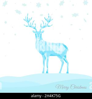 Low poly triangle deer.  Christmas greeting card with blue  reindeer  on winter background. Vector illustration in origami style. Stock Vector