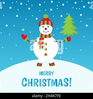 Merry  Christmas.  Cute  snowman  on  winter  landscape.  Greeting  card background. Holiday vector  illustration. Stock Vector