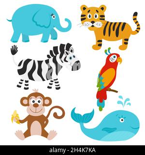 Collection of  cute animals. Elephant, tiger, zebra, parrot, whale, monkey. Vector  illustration. Stock Vector