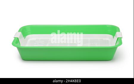 Side view of empty green plastic cat litter tray isolated on white Stock Photo