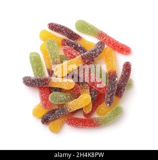 Top view of colorful gummy jelly worm candies isolated on white Stock Photo