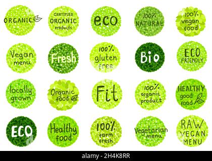 Collection of  100% organic, natural, bio,farm, healthy food labels.  Badges for  vegan  cafe, restaurant  menu, products packaging. Hand drawn vector Stock Vector