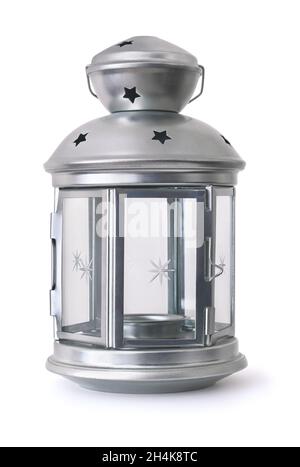Front view of silver metal candle lantern isolated on white Stock Photo
