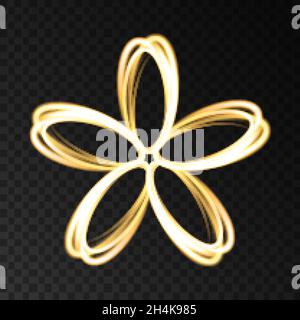 Gold neon abstract  flower  isolated on dark background. Vector light effect. Golden logo for  cosmetic, fashion, eco, bio company, yoga or spa salon Stock Vector