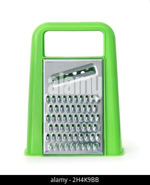 Front view of kitchen vegetable grater made of steel and plastic isolated on white Stock Photo