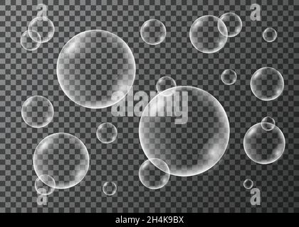 Set of realistic transparent white soap, oxygen or clean water  bubbles  isolated on dark  background. Vector splash texture. Stock Vector