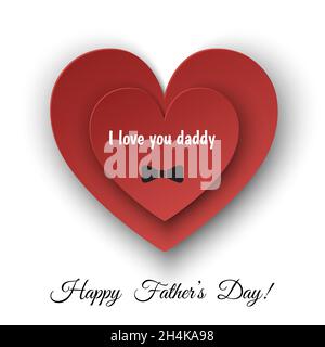 Happy Father’s Day greeting card with heart and  bowtie  isolated on white background.  I love you daddy. Flat design vector template. Stock Vector