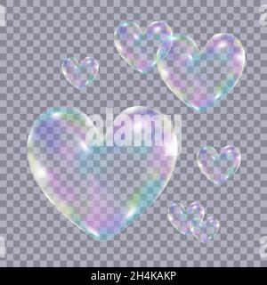 Realistic transparent colorful soap  bubbles in form of the  heart isolated on checkered background.Symbol of love. Design element for romantic valent Stock Vector