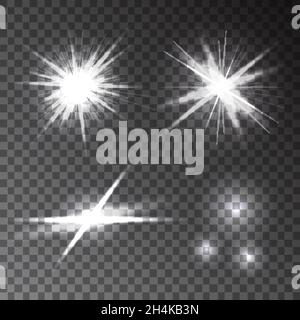 Collection of  different transparent glowing flash light effects.  Set of bright stars, lens flares, explosions, rays, sparkles,  burst.  Vector textu Stock Vector