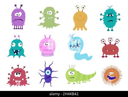 Funny and scary bacteria cartoon characters isolated on white background. Cute kids toy Halloween monsters. Set of good and bad microbs in flat style. Stock Vector
