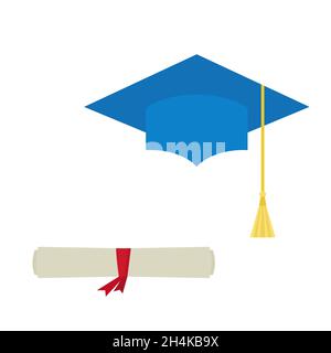 Blue  graduation  cap and diploma  scroll  isolated on white  background. Mortarboard  flat design vector illustration. Stock Vector