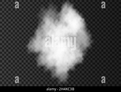 White  smoke bomb isolated on transparent background.  Steam explosion  effect.  Realistic  vector  column of  fire fog  texture. Stock Vector