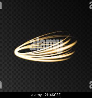 Gold neon circle  swirl trail trace light effect isolated on black transparent background. Shining  golden  magic flash energy beams. Vector design el Stock Vector