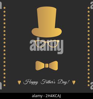 Happy Father’s Day greeting card with gold hat, glasses and  bowtie on black  background.   Flat style  golden vector template. Stock Vector