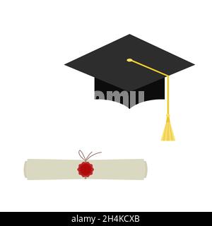 Black  graduation cap and diploma scroll web  icon  isolated on  white  background.  Mortarboard  flat design vector illustration. Stock Vector