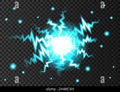 Blue neon glowing flash light effect isolated on transparent background. Ball lightning or electricity blast. Burst with sparkles. Vector explosion te Stock Vector