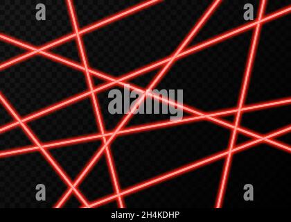 Red laser beams with  flashes of  lights  isolated on black transparent  background. Vector glowing  neon  effect. Stock Vector