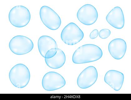 Set of realistic  irregular transparent  glossy water  bubbles   isolated on white  background. Blue sphere. Vector  drop  texture. Stock Vector