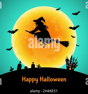 Halloween background.   Witch  silhouette,  castle  and moon.   Vector template. Stock Vector