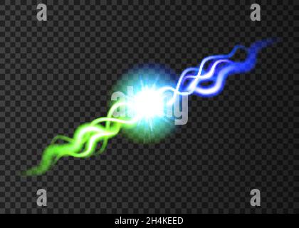 Clash of neon rays. Blue and green neon glowing flash isolated on transparent background. Collision of two forces lights. Vector explosion. Stock Vector