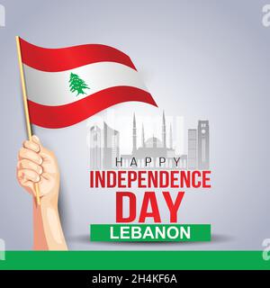 Lebanon Independence Day With Hand Holding Flags. Vector Illustration 