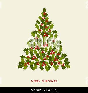 Abstract Christmas tree with leaves and holly berries.  Happy New Year background.  Xmas   decoration. Vector template  for greeting  card. Stock Vector