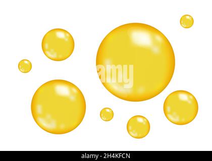 Realistic  glossy gold  bubbles   isolated on white  background. Oil drop. Golden sphere. Vector  texture. Stock Vector