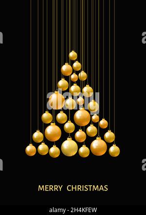 Golden  Christmas tree  made of gold  Xmas balls on black background.  Vector illustration. Stock Vector
