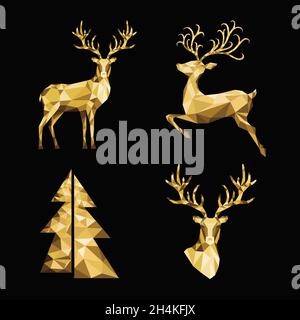 Christmas polygonal  gold  reindeer and Xmas tree  on black background. Low poly triangle  golden deer head. Vector illustration in origami style. Stock Vector