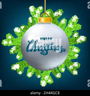 White Christmas ball  with spruce branch,  snow and lettering on blue  background. Green fir. Vector template  for Xmas cards, banners, flyers, New ye Stock Vector