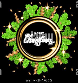 Christmas wreath  with spruce branch, gold  serpentine and white  lettering on black  background. Green fir. Vector template  for Xmas cards, New year Stock Vector
