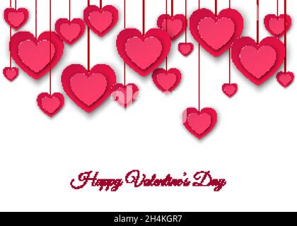 Valentines day  background with hanging  pink  cut paper hearts.  Weeding decoration in flat style. Vector  illustration for  party invitation  flyer, Stock Vector